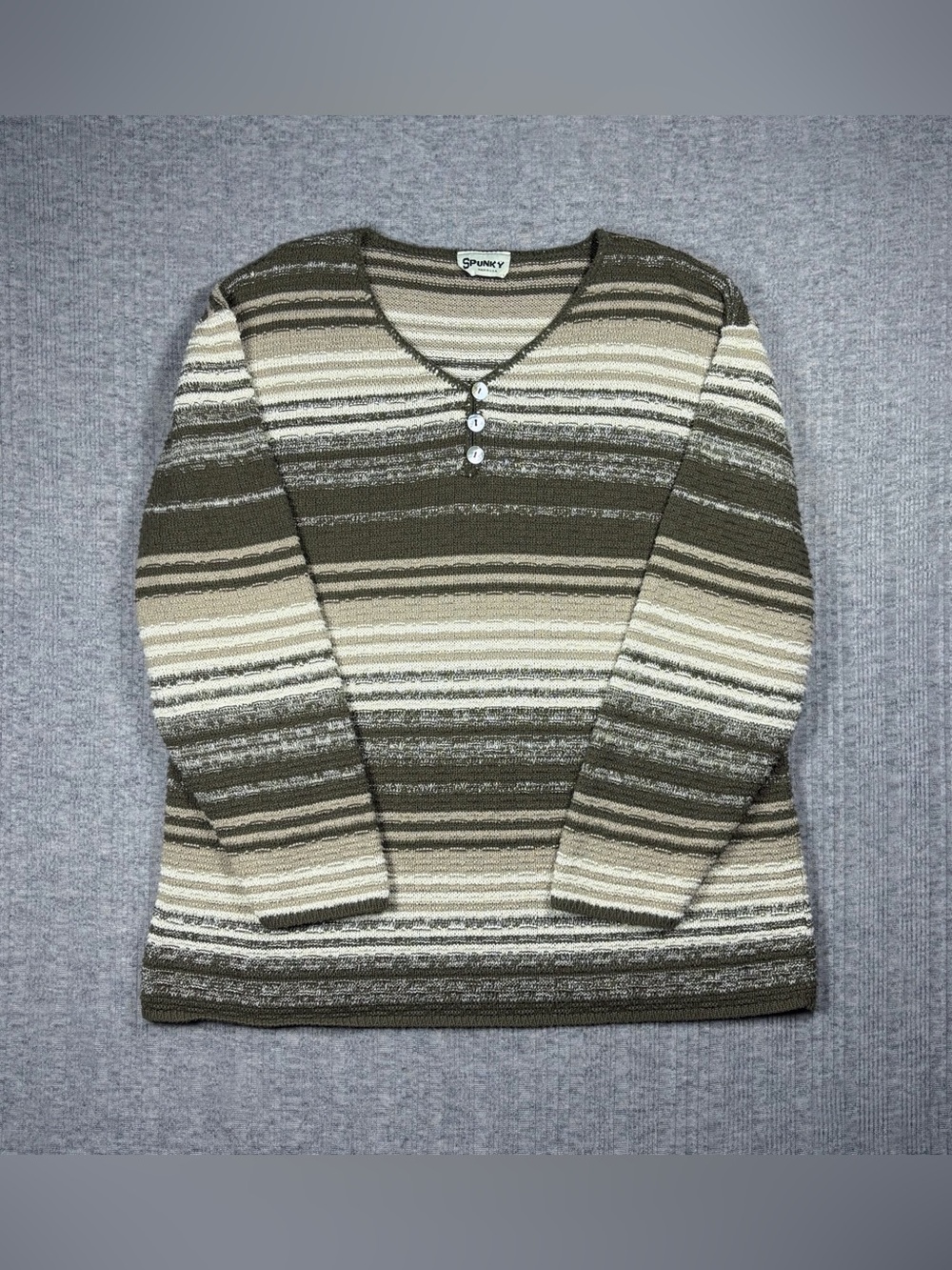 Vintage Striped Sweater Women’s Size XXL Beige Green Henley Spunky USA Made Y2K